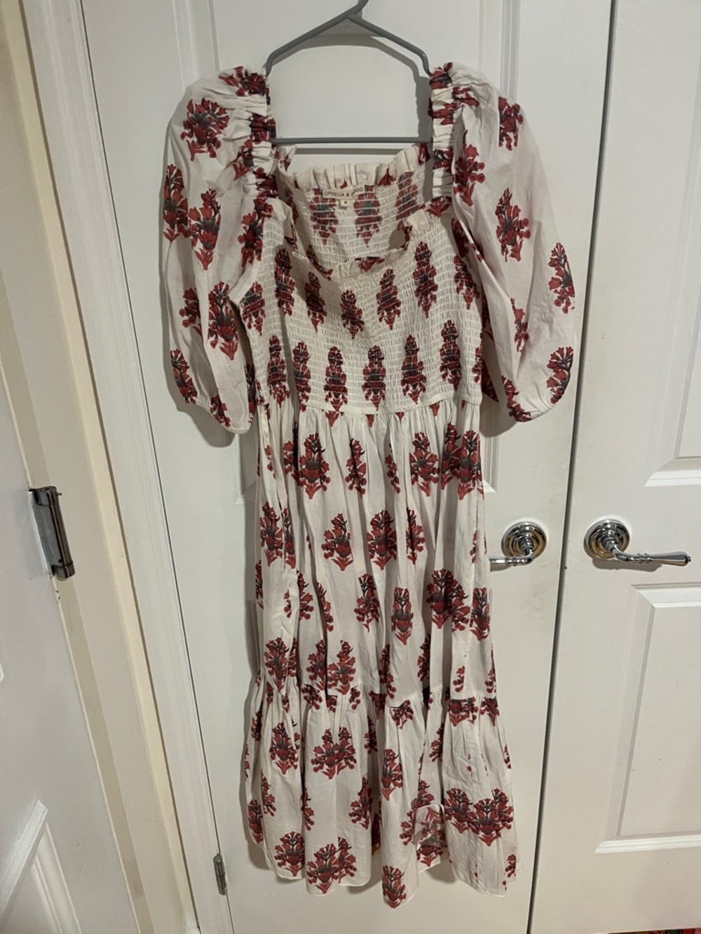 Cream Midi Dress with Red Floral Print and Smocked Bodice